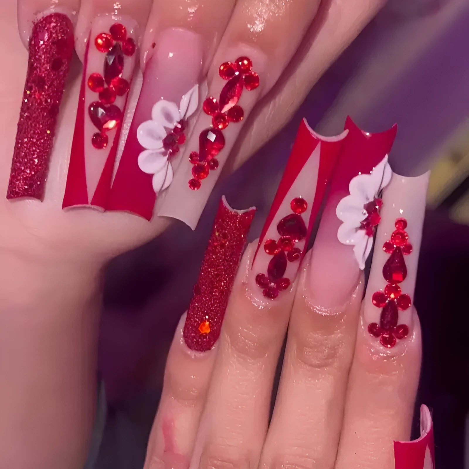 Sweet flower pattern fake nails with prismatic red diamond design in European square long shape