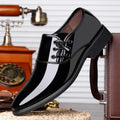 Men's black and brown formal business shoes with square heel and round toe.