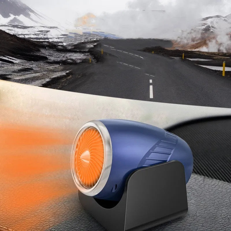 Navy blue 12V car heating fan with adjustable nozzle for defrosting windows and warming car interiors.