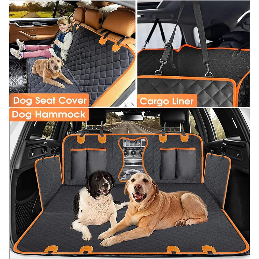 Black waterproof dog car hammock with orange edge, installed on rear seats with mesh window visible.