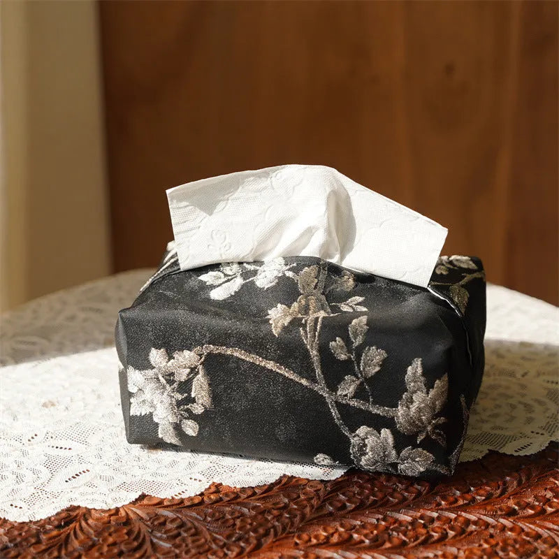 New Chinese style brocade tissue box cover with embroidered white plum design