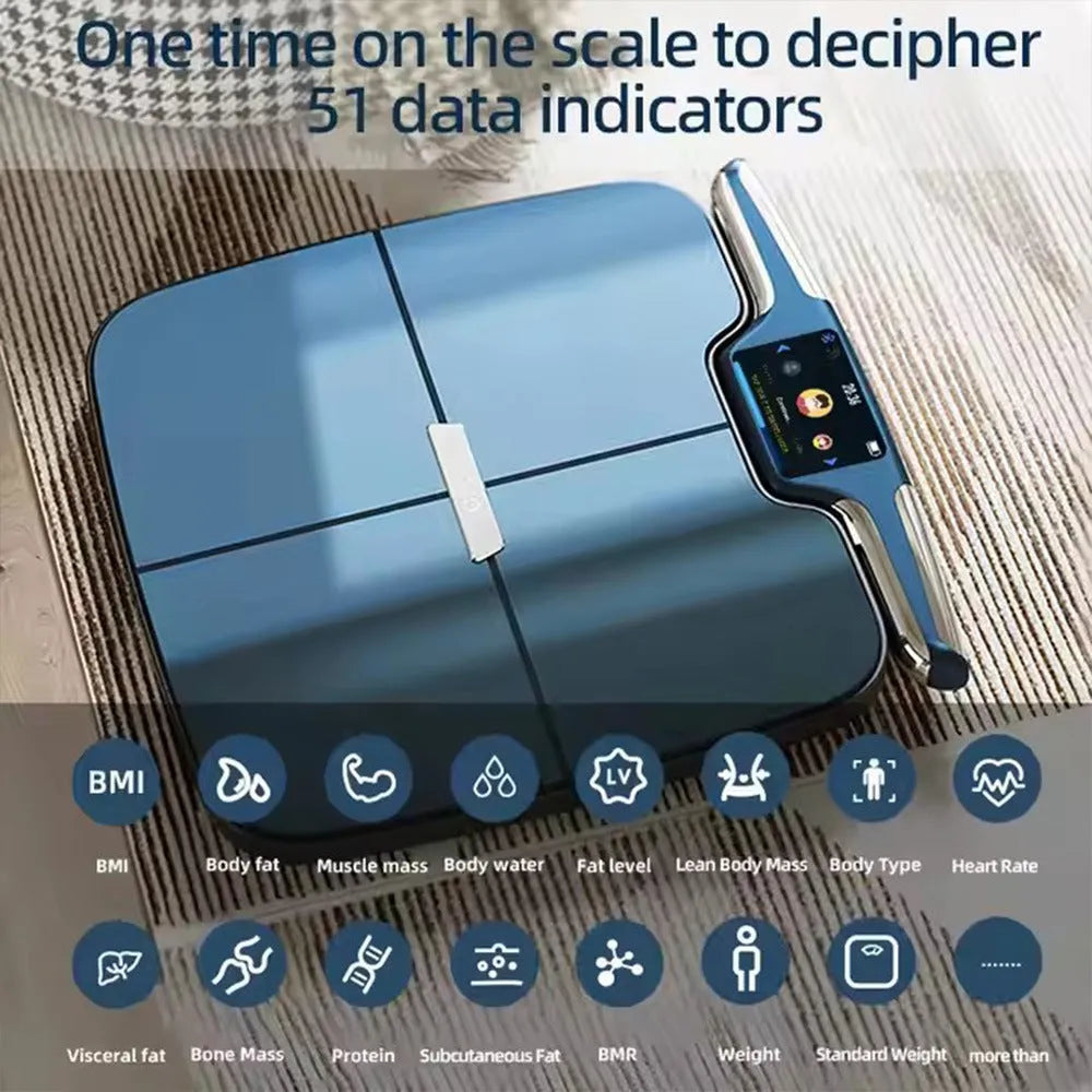 Black eight-electrode body fat intelligent weighing scale on a floor.