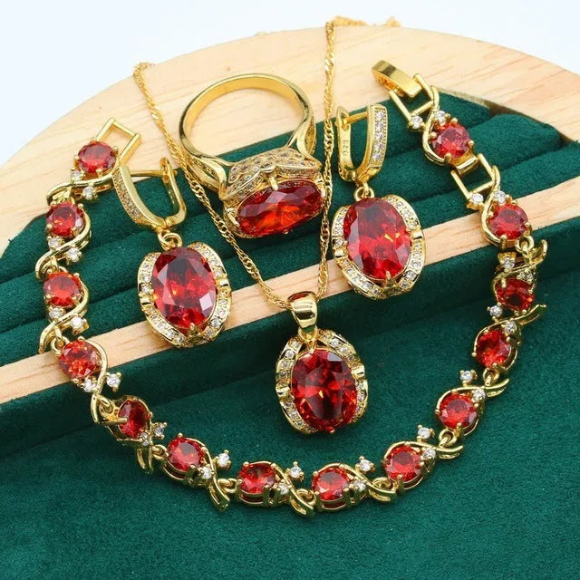 Olive green and red full rhinestone zircon jewellery suit with snake bones chain necklace, earrings, and ring