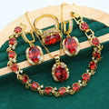 Olive green and red full rhinestone zircon jewellery suit with snake bones chain necklace, earrings, and ring