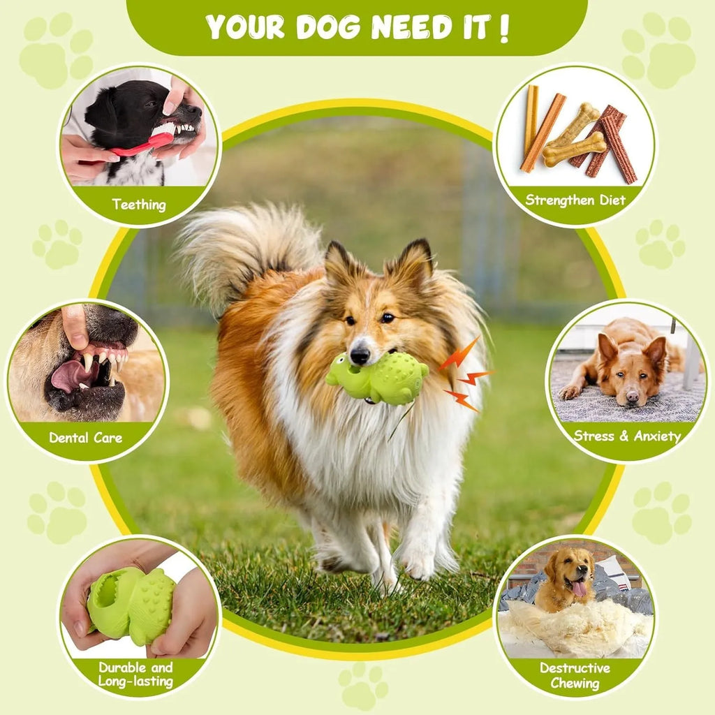 Green natural rubber dog chew toy for aggressive chewers with treat-filling hole