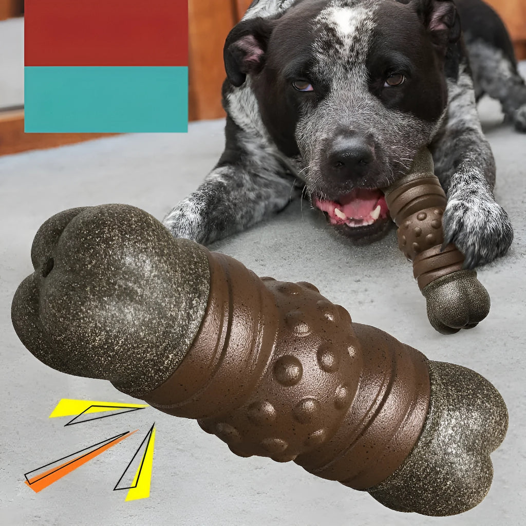 Wood coloured plastic sounding bone dog toy with integrated molar cleaning rod for dental hygiene