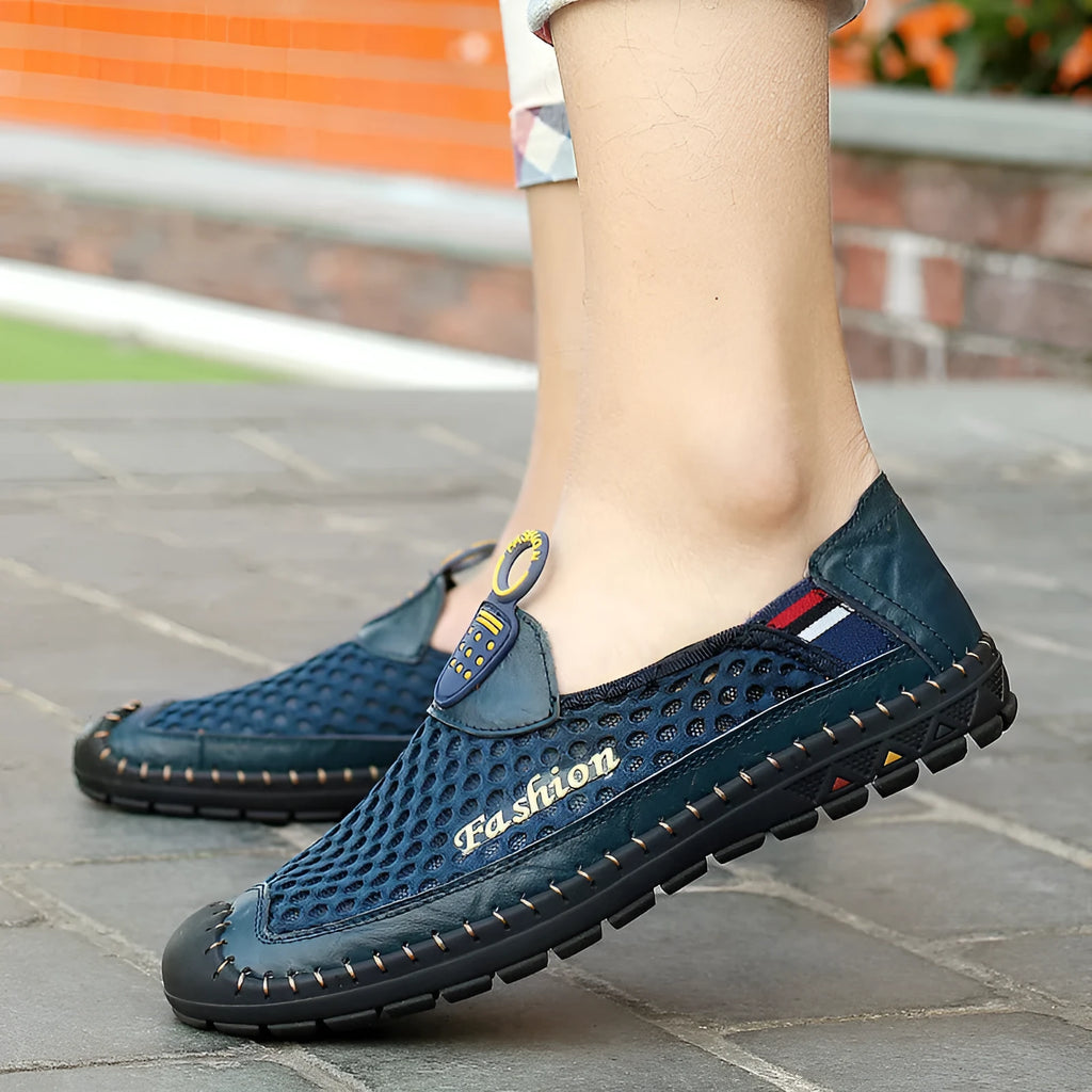 Men's brown mesh casual shoes with round toe and stitching detail