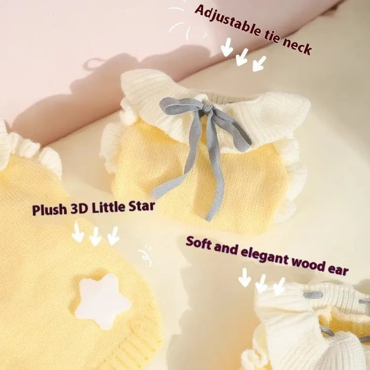 Yellow acrylic puppy sweater for small dog on size guide showing XS S M L XL chest measurements.