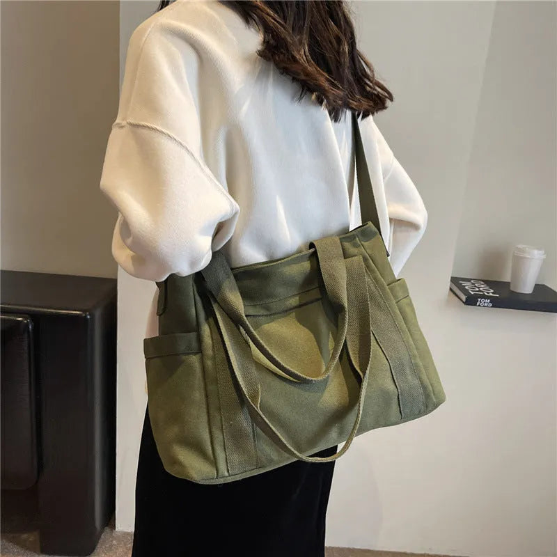 Large capacity polyester canvas tote bag with sandwich pocket and internal phone compartment