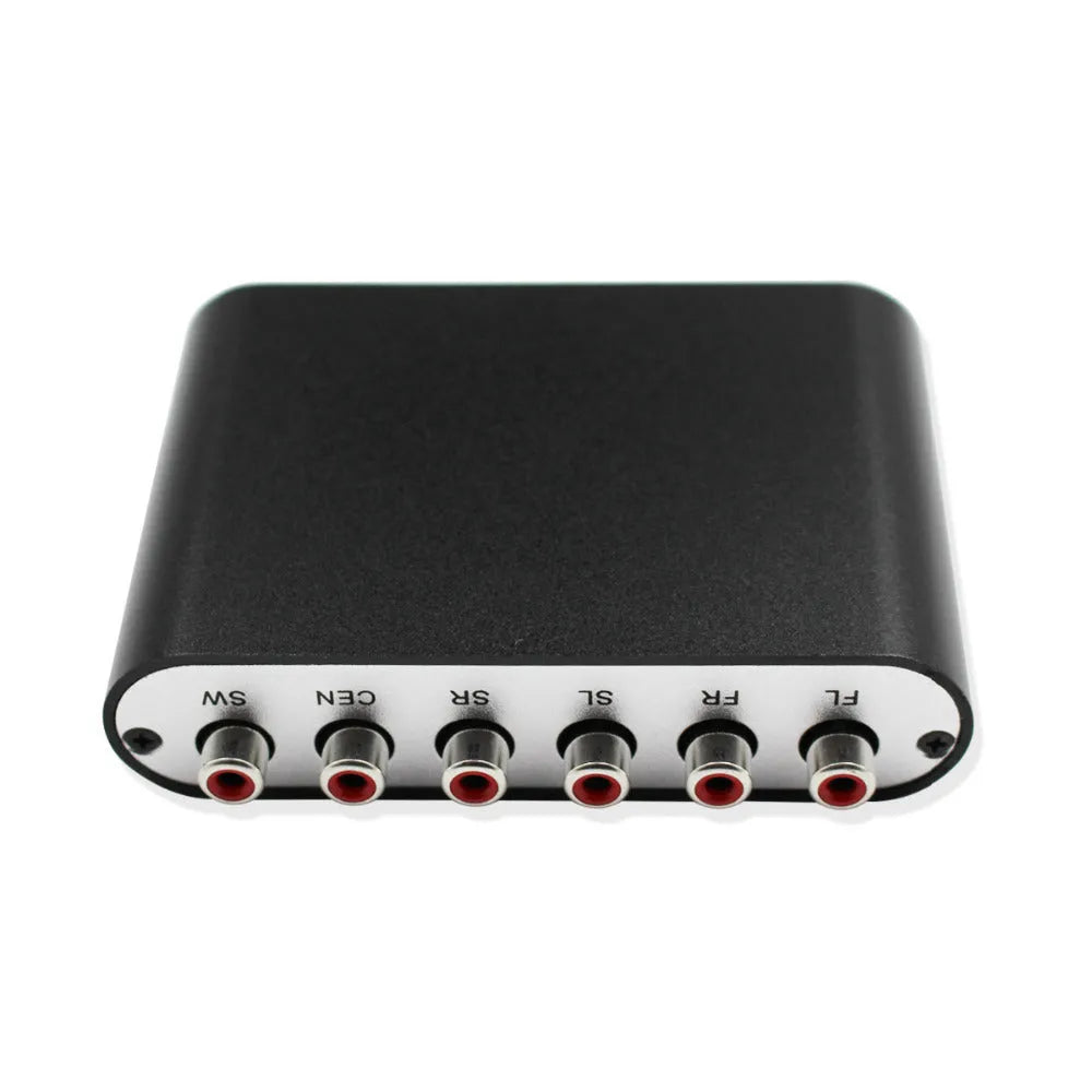 Black DTS Dolby Digital audio decoder with optical, coaxial, and stereo inputs