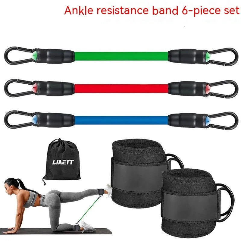 Set of three TPE resistance bands in 10lb, 20lb, and 30lb tensions with foot loops for ankle attachment