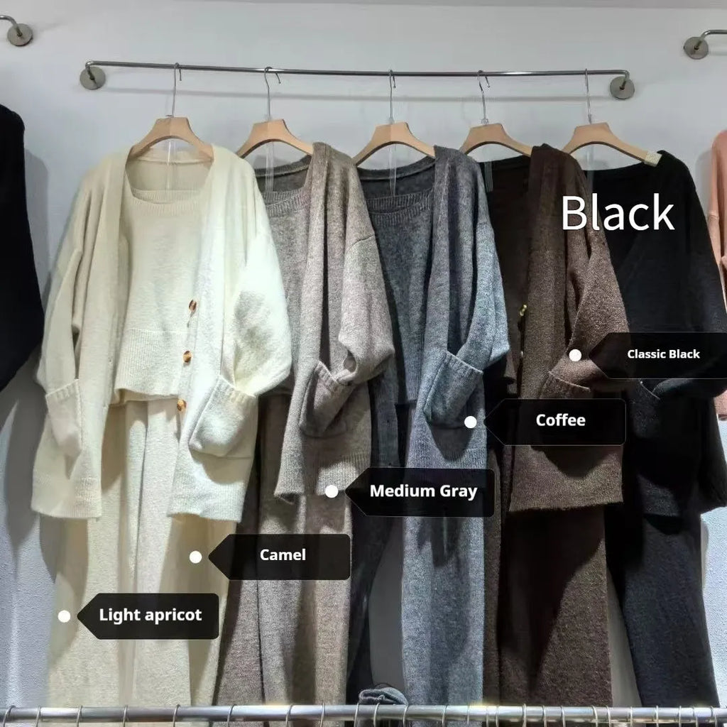 Women's knit cardigan vest trousers three-piece set in neutral colour wool blend fabric
