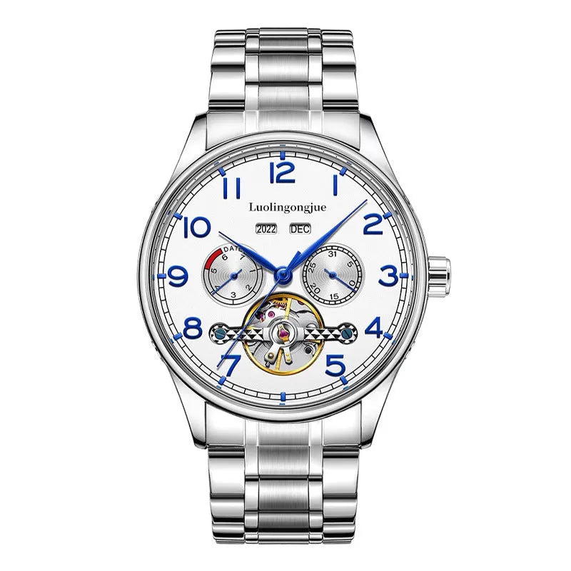 Men's stainless steel mechanical watch with sapphire crystal and leather strap on wrist