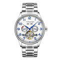 Men's stainless steel mechanical watch with sapphire crystal and leather strap on wrist