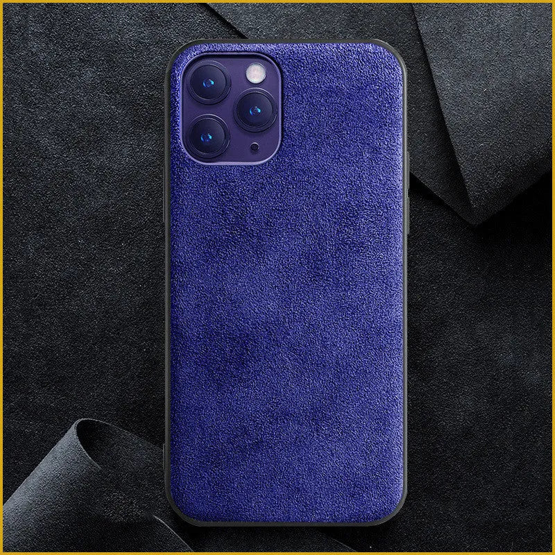 Luxury suede full-cover phone case for iPhone on a dark background, shown in elegant black colour.