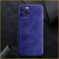 Luxury suede full-cover phone case for iPhone on a dark background, shown in elegant black colour.