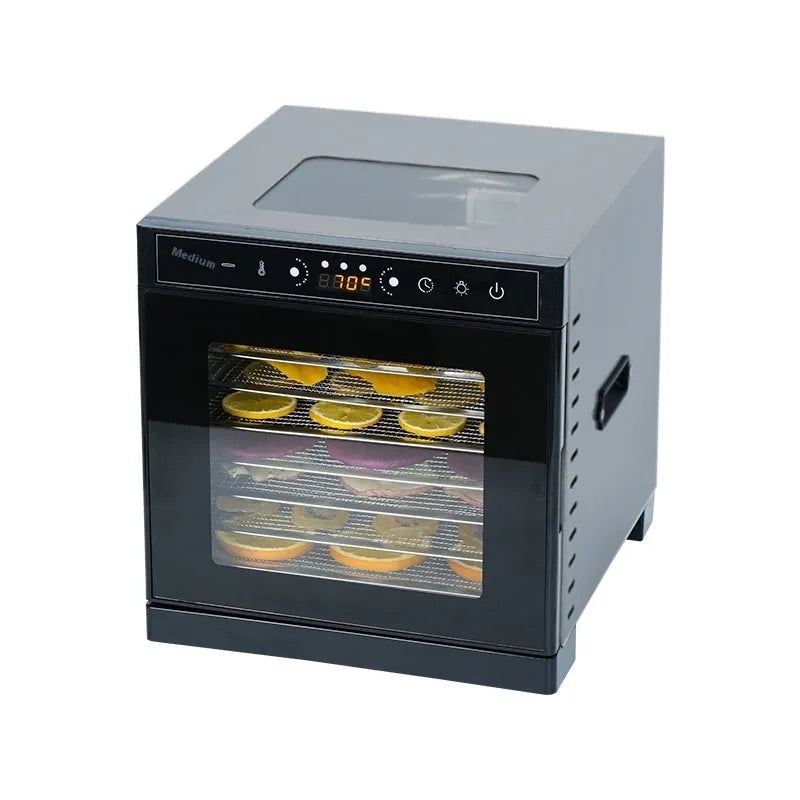 Stainless steel fruit dehydrator with multiple drying trays and LED control panel