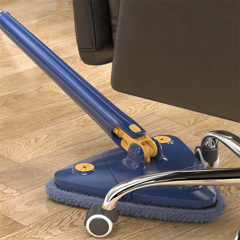 Blue extendable triangle cleaning mop with 360-degree rotating head on a stainless steel pole.
