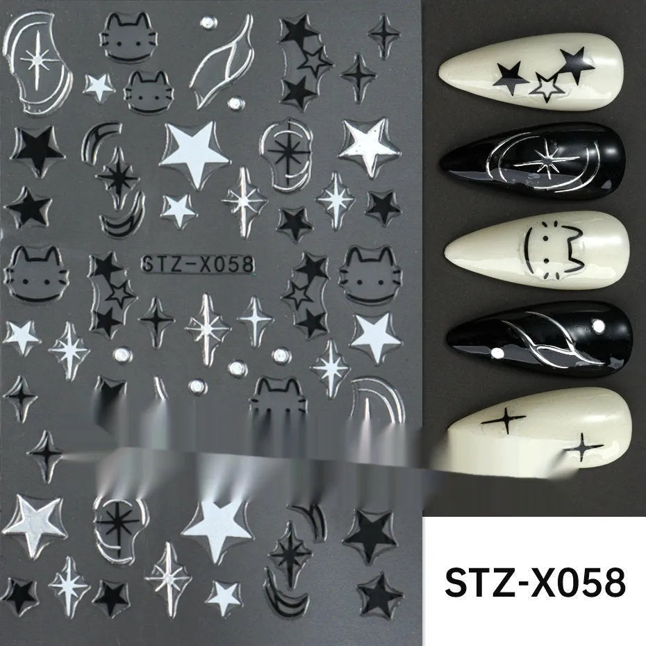 Cartoon nail art stickers with black and silver strip love pattern design
