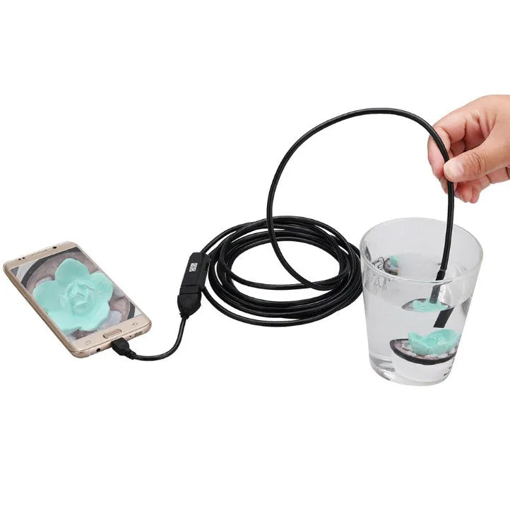 OWSOO USB endoscope camera with 5m cable, hook, magnet, and side mirror attachments for phone and computer inspections.