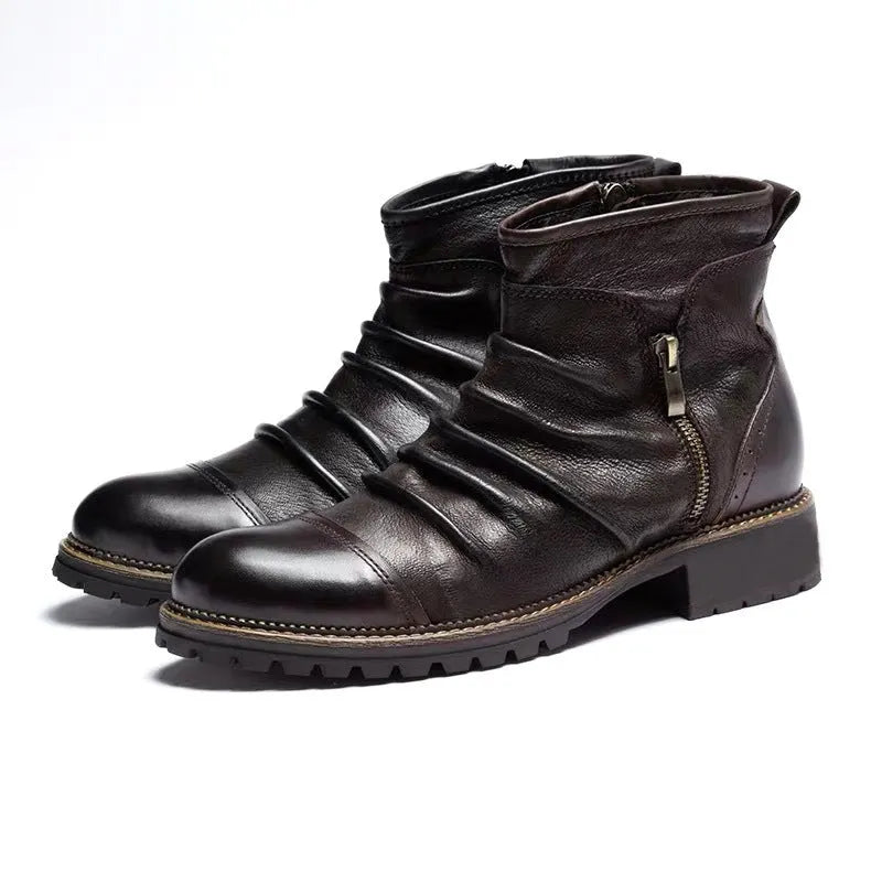 Black embossed PU cowboy boots with a side zipper and mid-height horseshoe heel on a plain background.