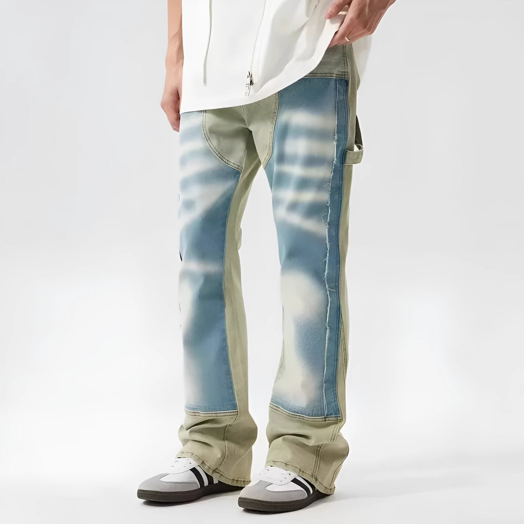Retro dual-colour patchwork jeans with splash-ink damaged design in yellow and blue