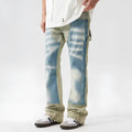 Retro dual-colour patchwork jeans with splash-ink damaged design in yellow and blue