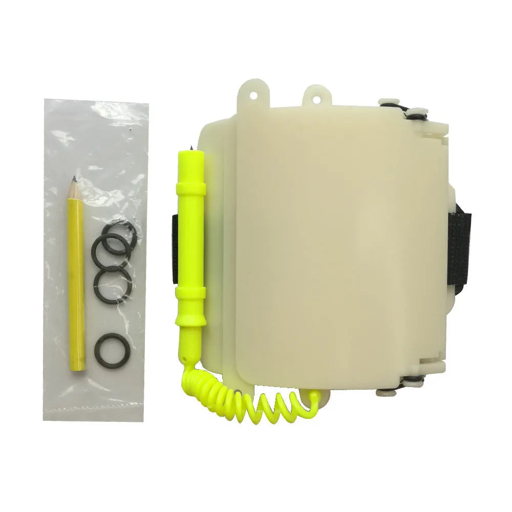 White luminous submersible writing board with pencil and spare O-ring for underwater communication