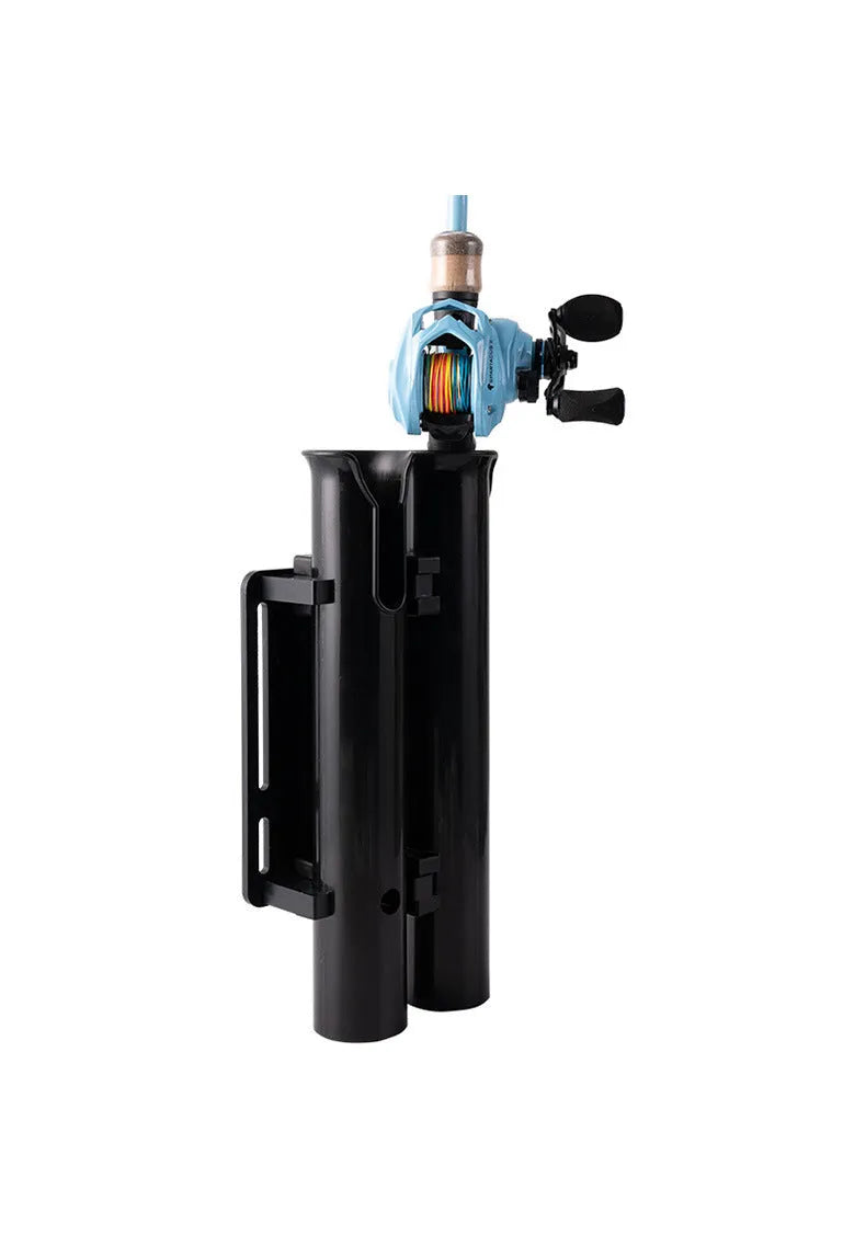 Motorcycle fishing rod rack with double-layer plastic construction and adjustable pipe clamp mounting system