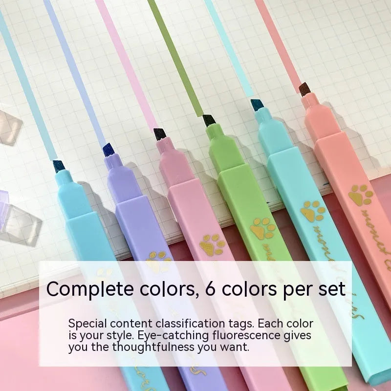 Cat's Paw fluorescent marker pen set showing six coloured pens with oblique tips