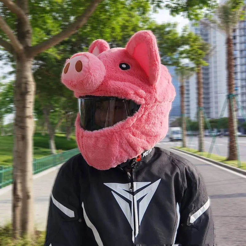 Plush motorcycle helmet protective hood in pink pig cartoon design