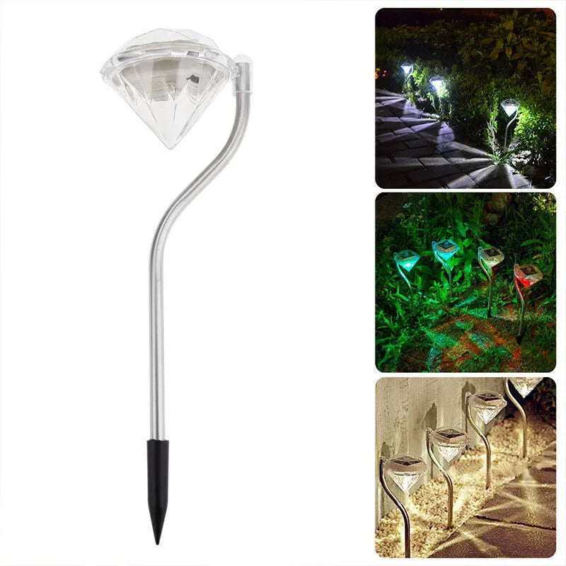 White solar-powered LED garden spotlight with adjustable angle and solar panel on a stake.