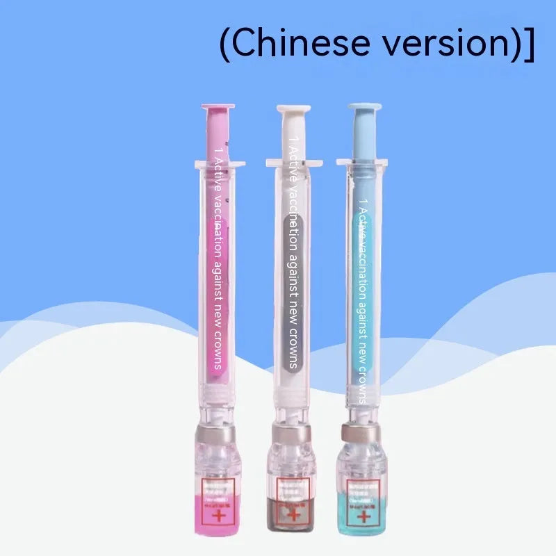 Creative vaccine-style gel pen with black cap, showing 15.7cm length and 0.5mm tip.