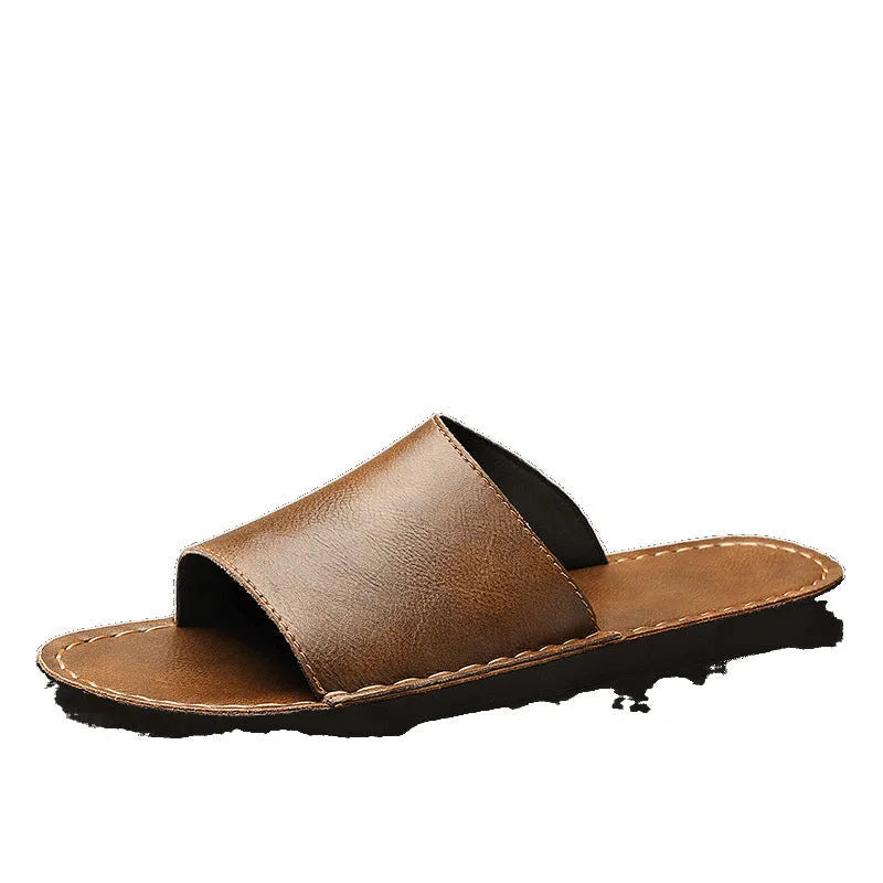 Men's brown and black leather outdoor sandals with rubber soles on size display