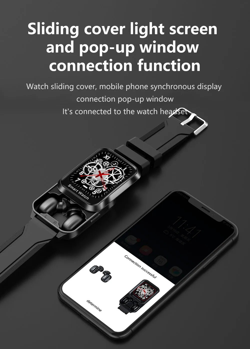 Bluetooth smart bracelet with 1.78-inch touchscreen display on silicone wristband in black colour