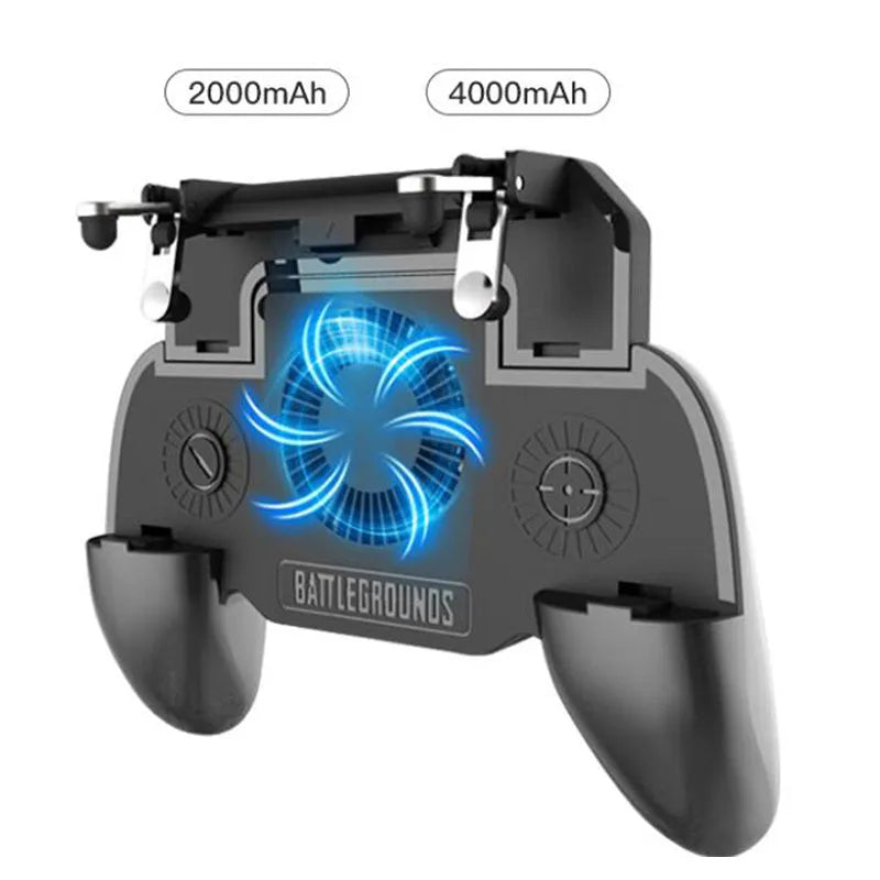 A mobile game controller with USB connector and aluminium alloy detailing, shown next to a smart phone.