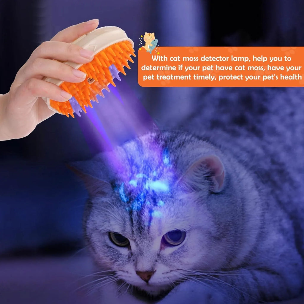 Yellow 4-in-1 cat steam brush with ringworm detector, water reservoir, and silicone grooming teeth
