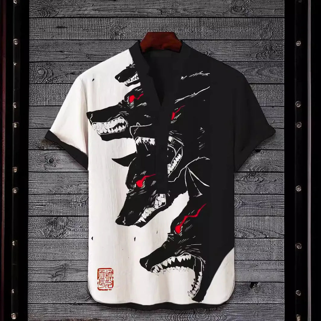 Men's grey short sleeve t-shirt featuring a detailed 3D digital print of a wolf's head, against a solid colour background.