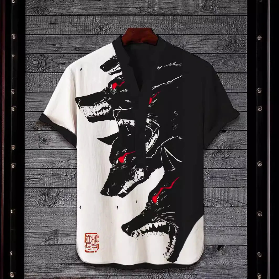 Men's grey short sleeve t-shirt featuring a detailed 3D digital print of a wolf's head, against a solid colour background.