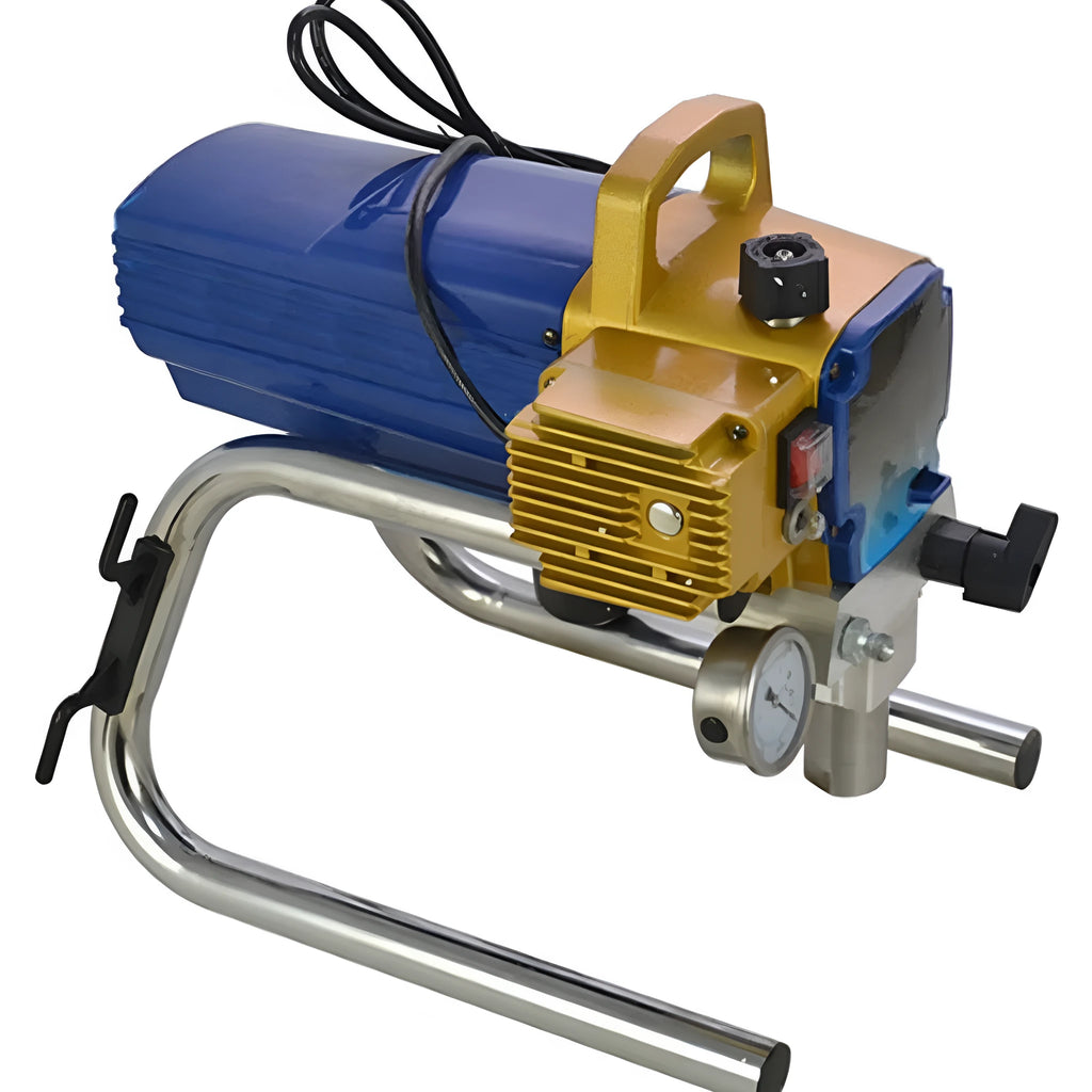 Blue portable electric airless paint spraying machine with spray gun, hose, and accessories on a workbench.