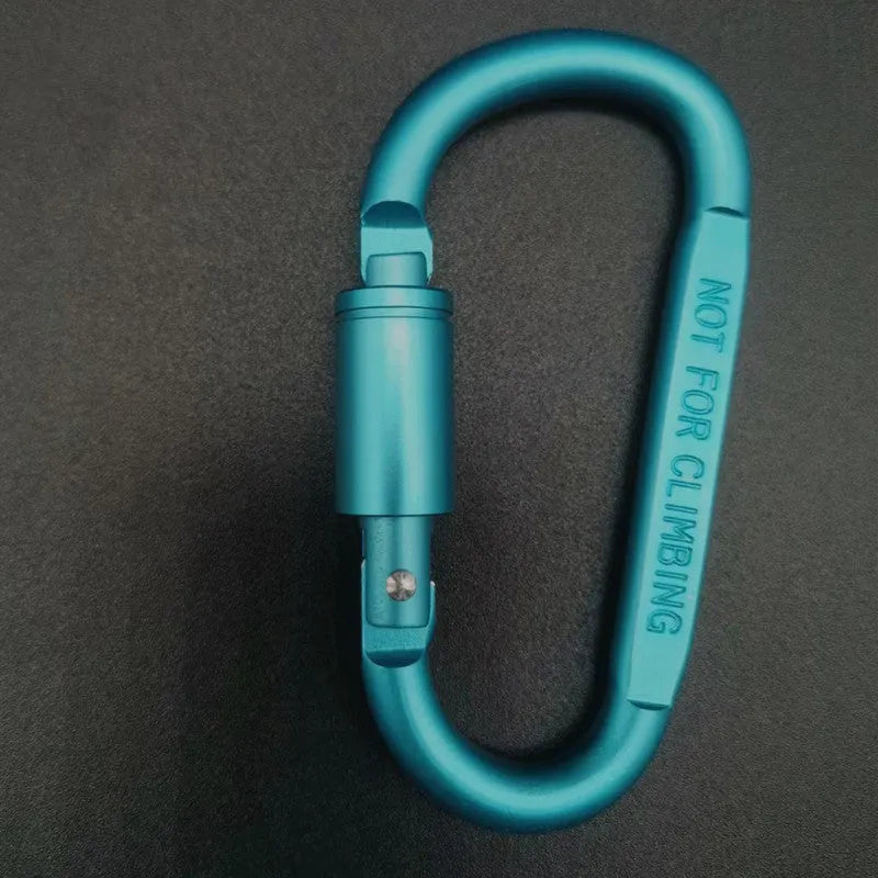 Aluminium D-shaped locking climbing carabiner with a flat 8cm design shown in silver.