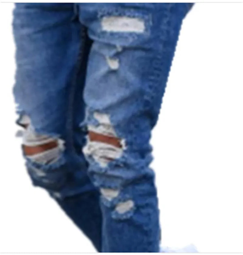 Men's deep blue cotton jeans with distressed hole detailing showing loose fit and six size options