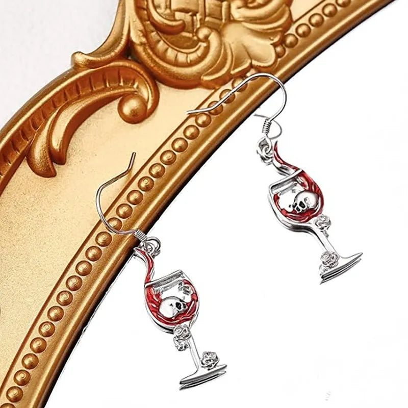 Halloween skull wine glass earrings in zinc alloy with electroplated geometric design