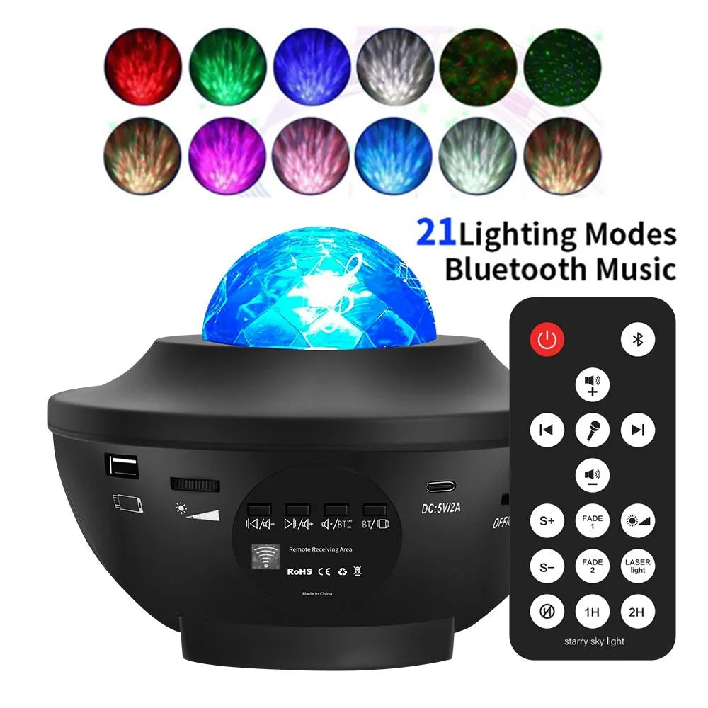Black parallel style starry sky projection lamp with rotating water ripple laser effects and remote control