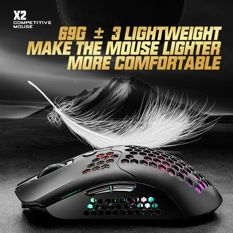 Free Wolf X2 wireless RGB gaming mouse in black, green, pink, white, or yellow with magnetic charger.