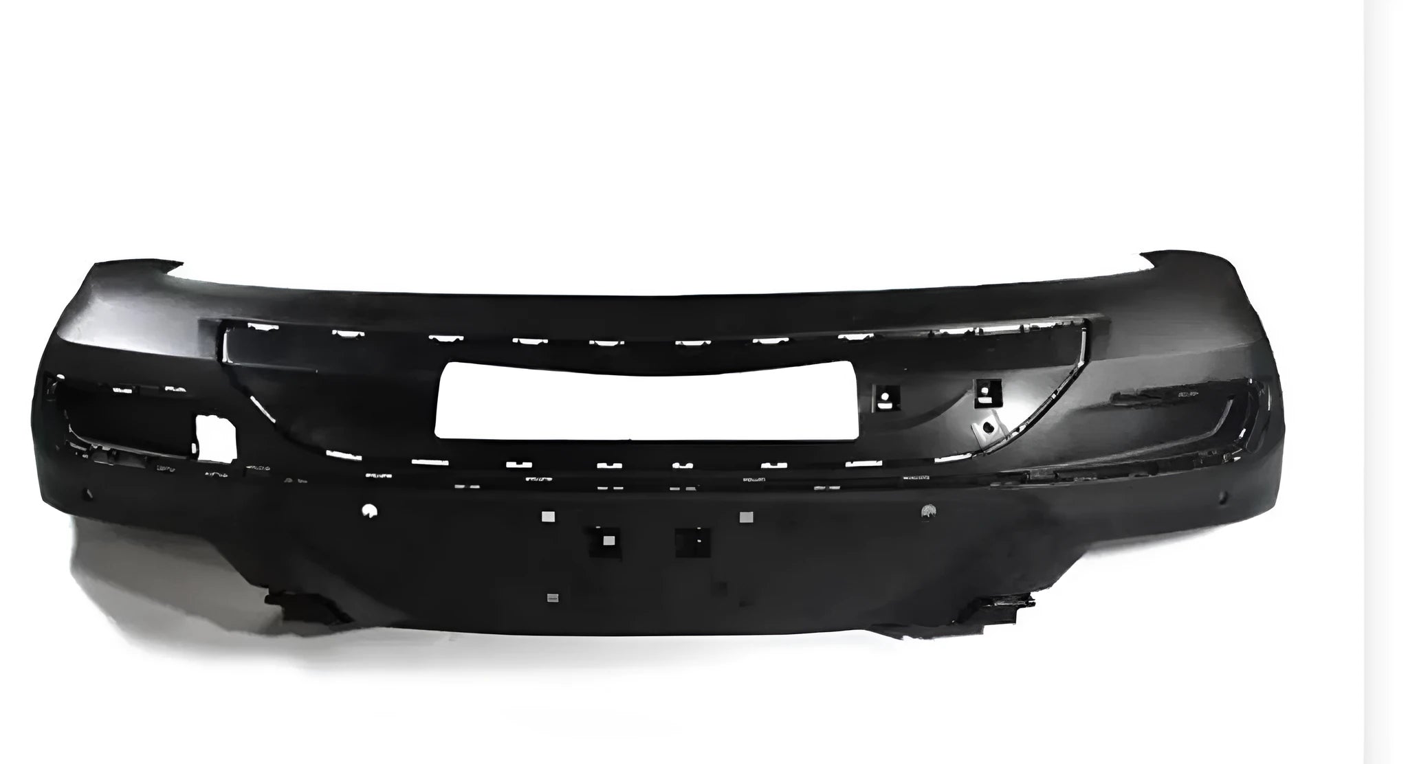 Black polypropylene plastic vehicle bumper replacement part with mounting points