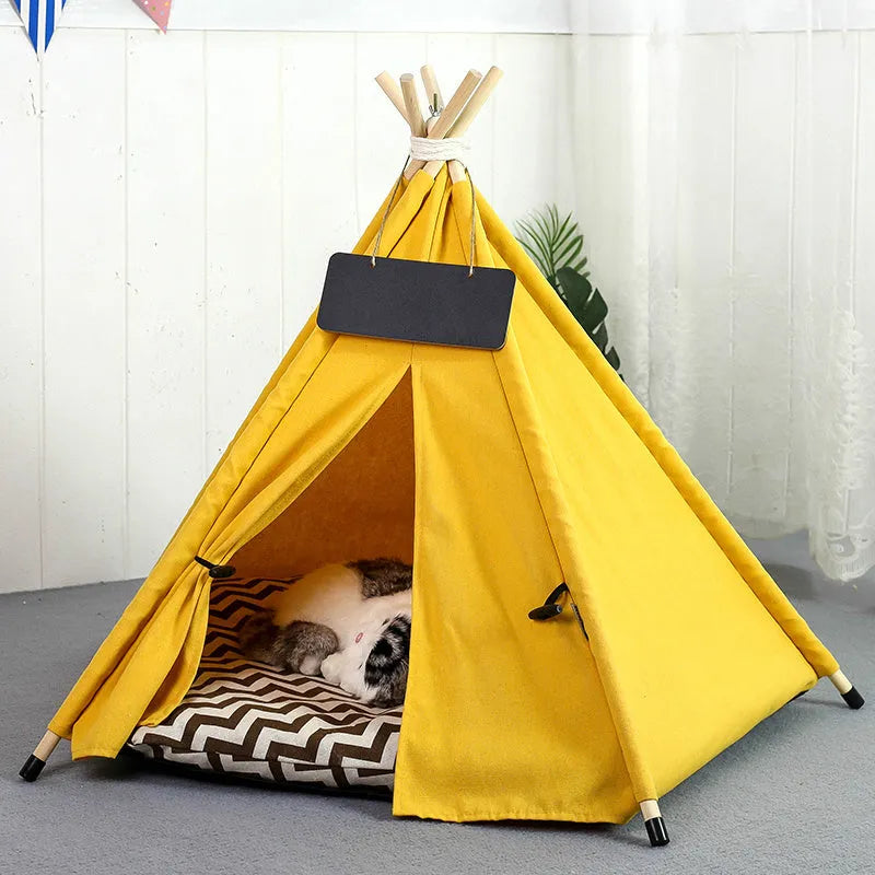 Striped pet teepee tent for small dogs or cats with cushion inside, shown in white colour.