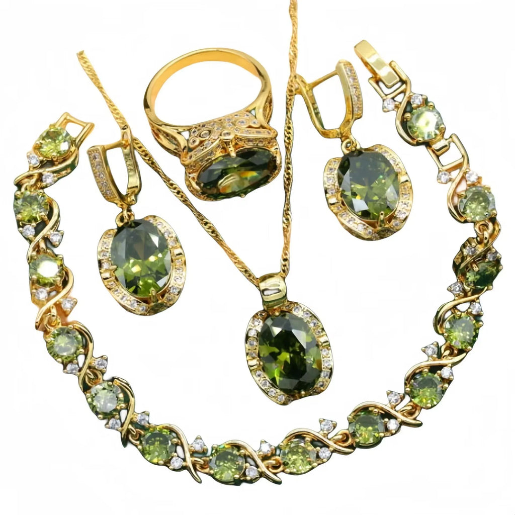 Olive green and red full rhinestone zircon jewellery suit with snake bones chain necklace, earrings, and ring