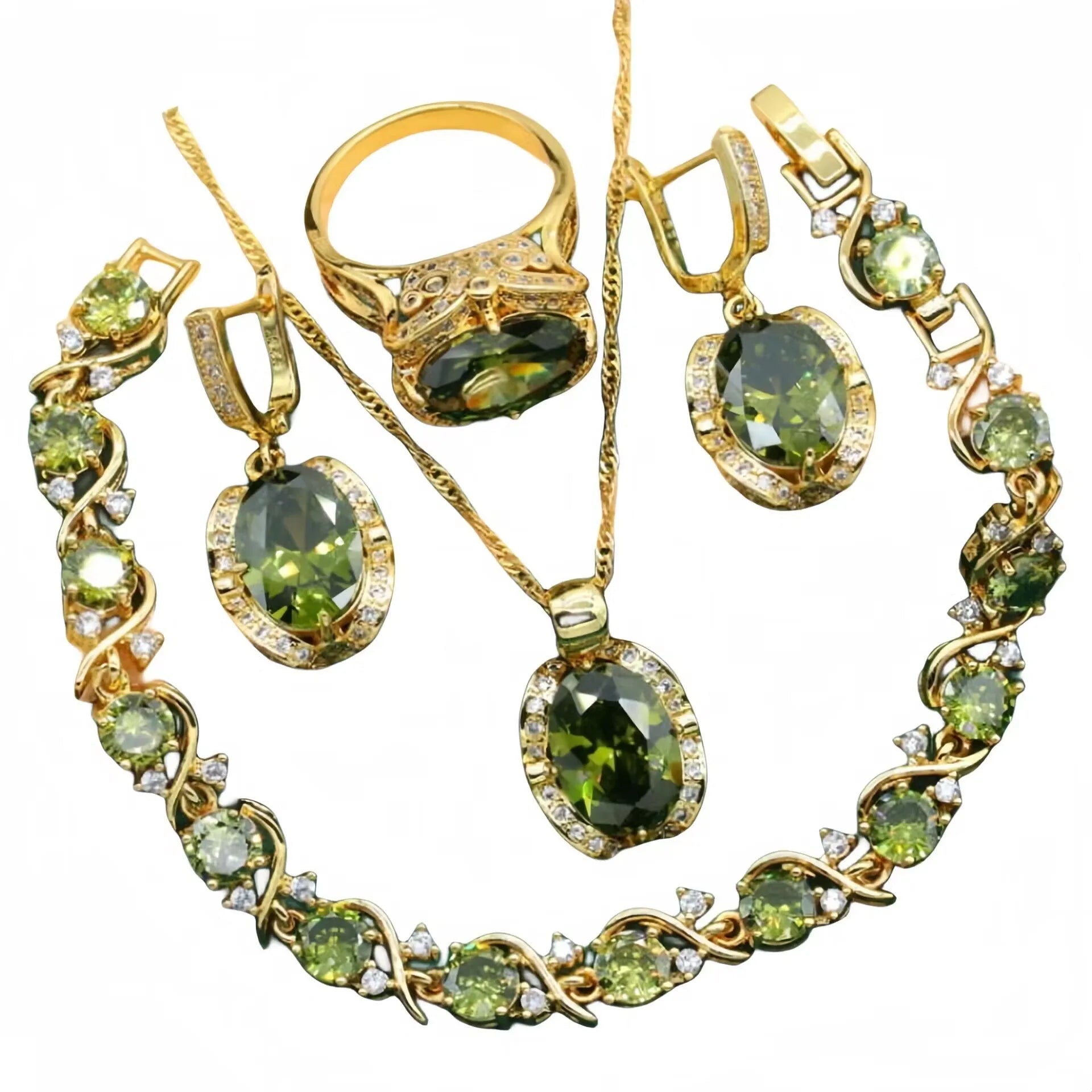 Olive green and red full rhinestone zircon jewellery suit with snake bones chain necklace, earrings, and ring