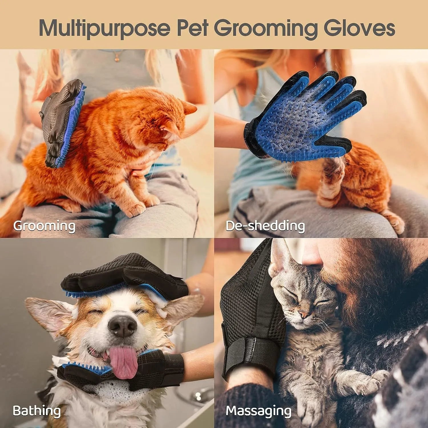 Blue pet grooming gloves with silicone tips for removing hair from dogs and cats during grooming